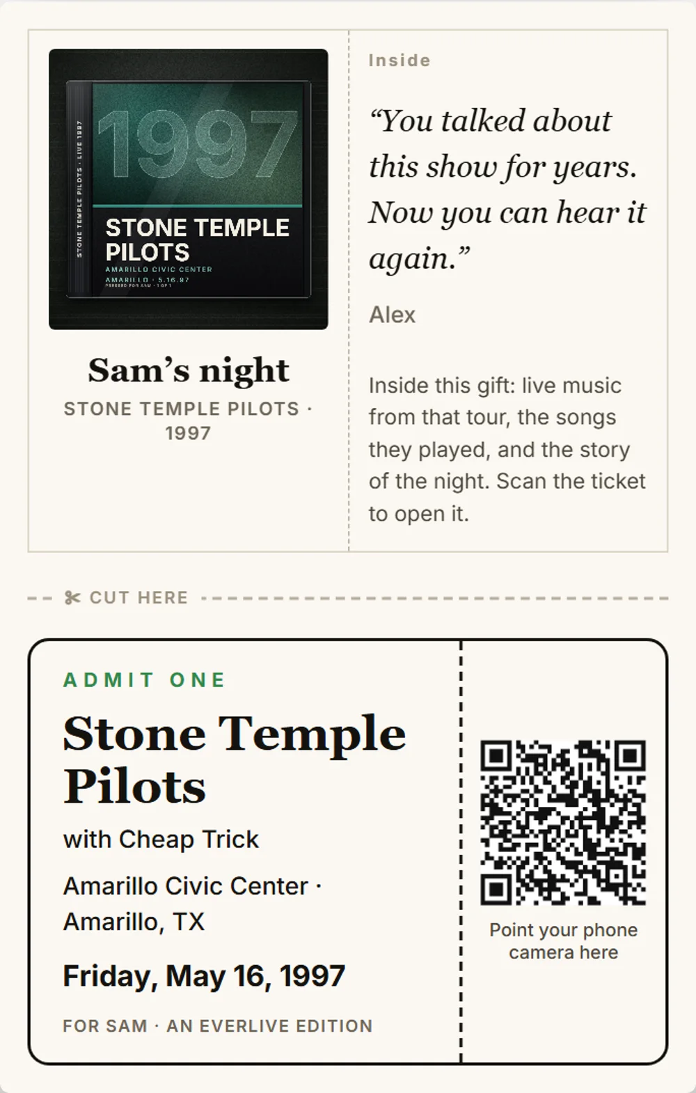 A printed gift pack: a fold-over card with a Stone Temple Pilots cover and a cut-out ticket with a QR code