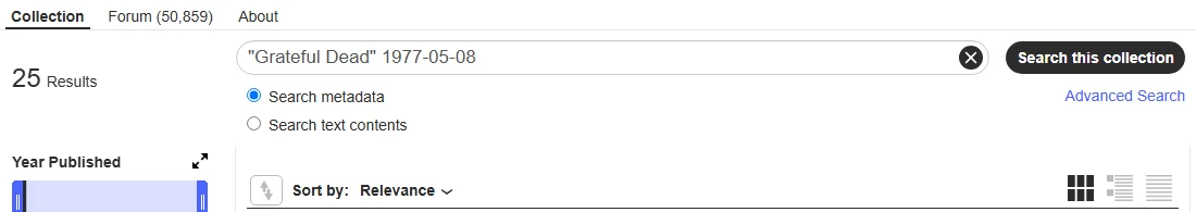 The Live Music Archive search box with Grateful Dead 1977-05-08 typed in and 25 results