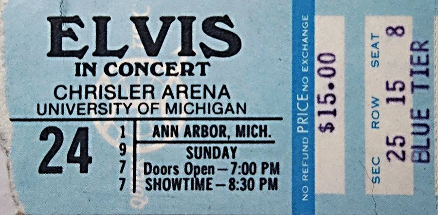 A blue Elvis in Concert ticket stub from Ann Arbor, 1977